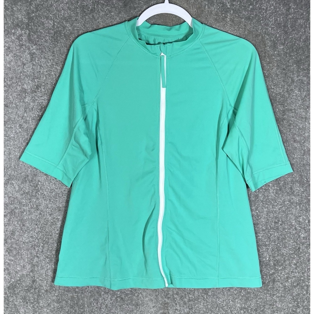 Lands End Zip Front Rash Guard Swim Shirt Womens Sz L 14-16 Green Nylon Stretch